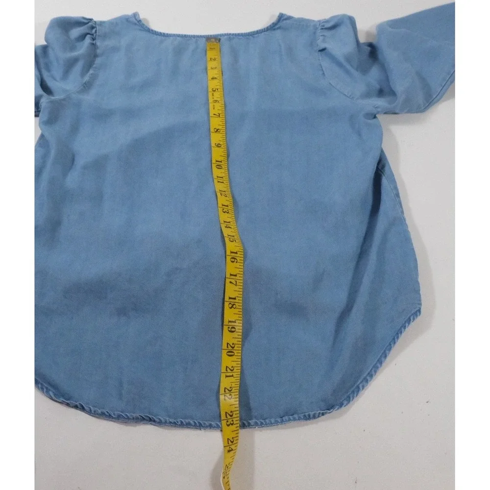 LOFT Blouse Womens SP Blue Chambray Lyocell Tie Front Button‎ V-Neck Top Boho